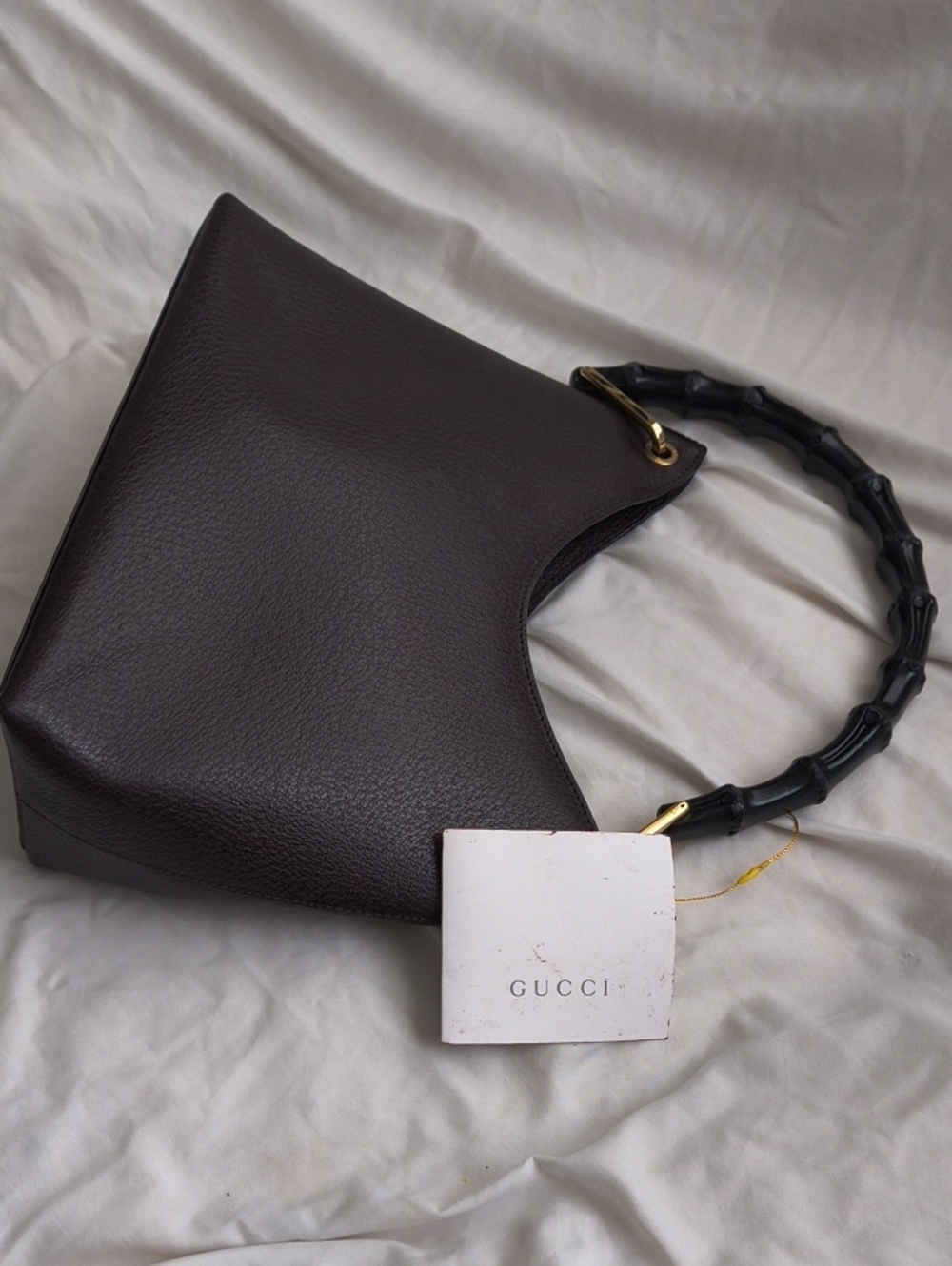 Gucci Brown Leather Shoulder Bag with Black Bamboo Handle
